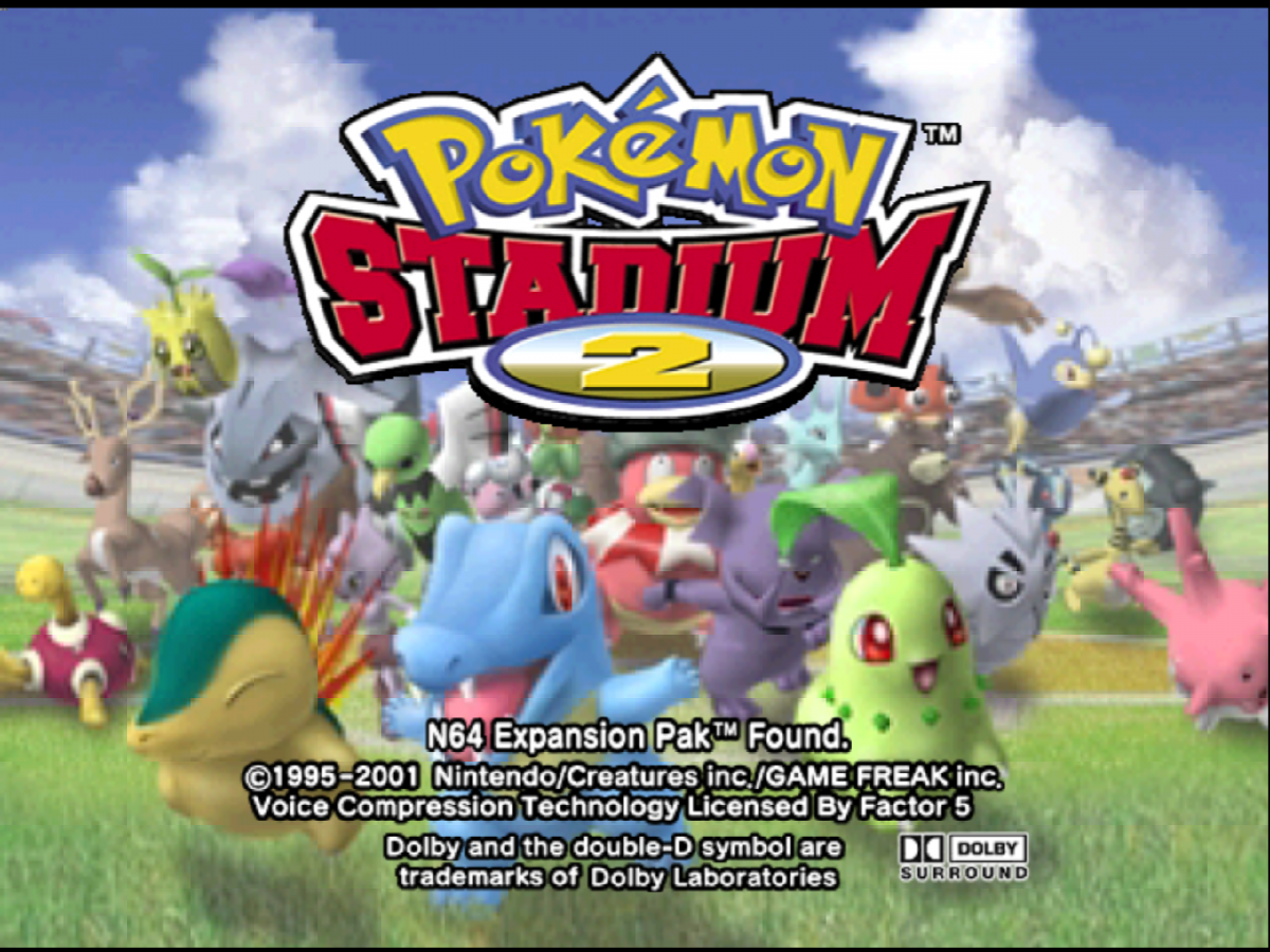 Pokémon Stadium 2 Nintendo 64 N64 video game, battle-focused Pokémon gameplay, turn-based combat, multiplayer, classic Nintendo title main menu title screen