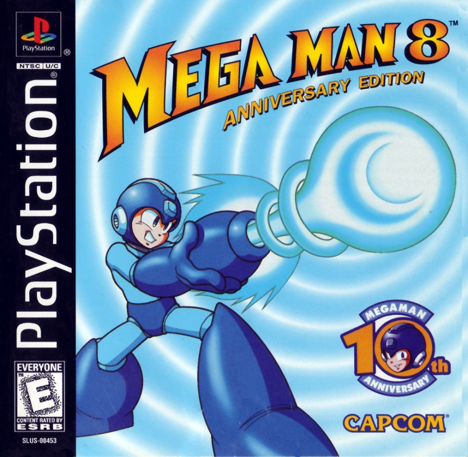 Retro Mega Man 8 Anniversary Collectors Edition inspired design featuring classic Capcom platformer action aesthetic vintage PlayStation era robot masters Dr Wily futuristic 2D side scrolling gameplay nostalgic blue bomber adventure cover art