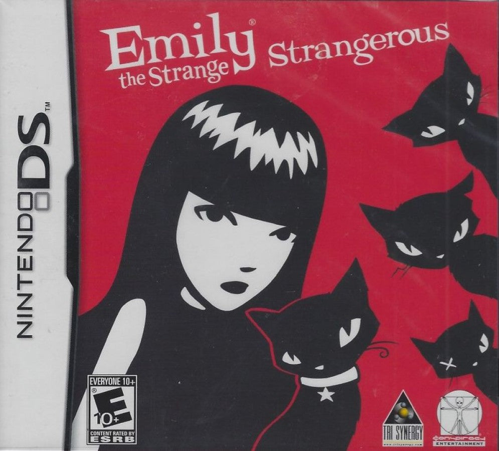 Emily the Strange Strangerous Nintendo DS DS video game featuring puzzle adventure gameplay Emily the Strange character exploration mysterious environments black cat companions quirky challenges puzzle solving hidden secrets dark gothic art style alternative fashion and imaginative story driven gameplay classic Nintendo DS handheld adventure retro video game collection collectible gaming appeal front cover art