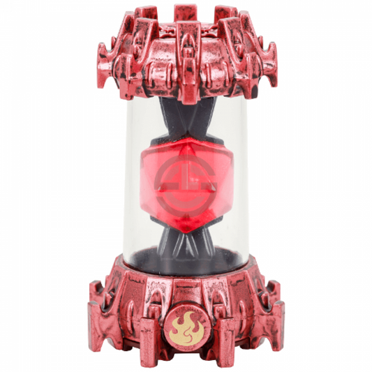 Fire Reactor Creation Crystal Skylanders Imaginators figure, translucent red crystal with reactor-style design on portal base, used to create custom fire element characters, collectible accessory from Skylanders Imaginators series
