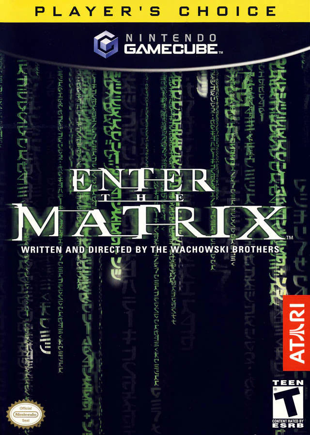 Enter the Matrix Player’s Choice edition game for the Nintendo GameCube featuring action adventure gameplay with martial arts combat gunplay and hacking segments alongside a story that ties into The Matrix Reloaded with cinematic sequences and dual character perspectives front cover
