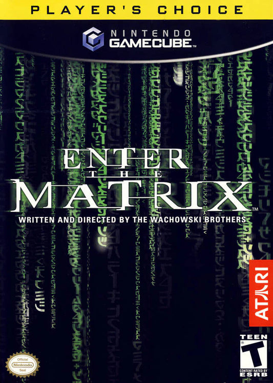 Enter the Matrix Player’s Choice edition game for the Nintendo GameCube featuring action adventure gameplay with martial arts combat gunplay and hacking segments alongside a story that ties into The Matrix Reloaded with cinematic sequences and dual character perspectives front cover