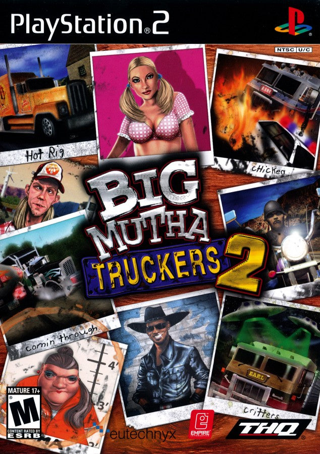Retro Big Mutha Truckers 2 PS2 inspired design featuring over the top trucking adventure aesthetic vintage PlayStation 2 southern humor chaotic highway races cargo hauling arcade driving gameplay outrageous characters nostalgic road trip action presentation - cover art