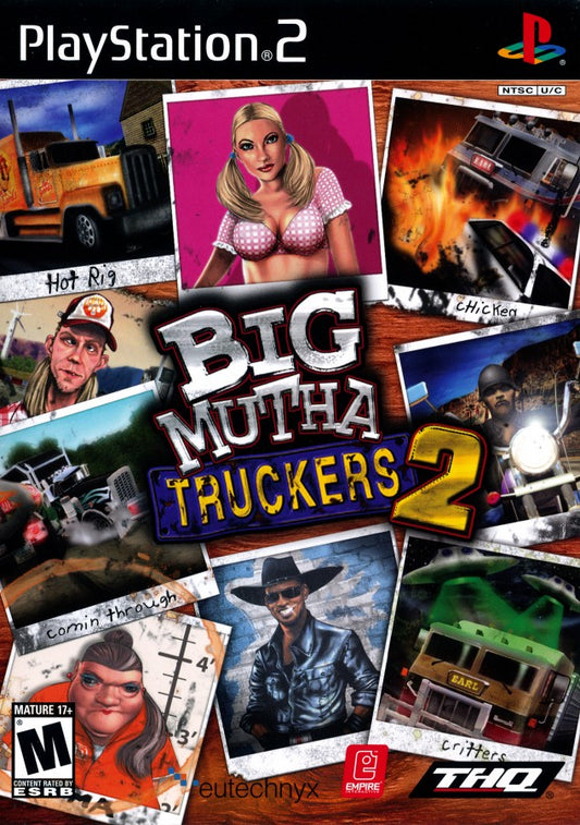 Retro Big Mutha Truckers 2 PS2 inspired design featuring over the top trucking adventure aesthetic vintage PlayStation 2 southern humor chaotic highway races cargo hauling arcade driving gameplay outrageous characters nostalgic road trip action presentation - cover art