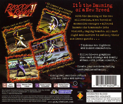 Bloody Roar 2 Sony PlayStation PS1 video game featuring 3D fighting gameplay beast transformation combat animal characters special attacks combo battles arcade action competitive matches and classic 32 bit PlayStation gameplay retro video game collection collectible gaming appeal back cover art