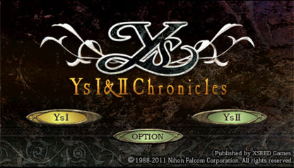 Ys I & II Chronicles home screen for PlayStation Portable (PSP) action role-playing game