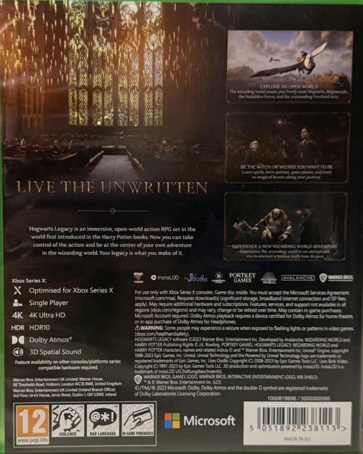 Hogwarts Legacy PAL Xbox One XONE for action role playing video game fans featuring Hogwarts School of Witchcraft and Wizardry open world exploration magic spells potion brewing magical creatures character customization wizarding world quests combat and immersive fantasy adventure gameplay collectible gaming appeal back cover art