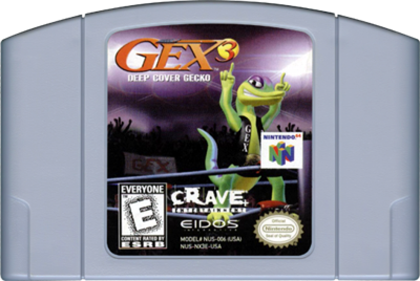 Gex 3 Deep Cover Gecko Nintendo 64 N64 video game, game only cartridge, action platformer, cartoon-style adventure, classic Nintendo title cartridge