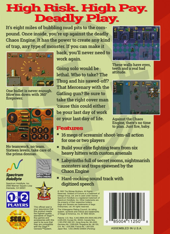 Soldiers of Fortune Sega Genesis retro video game action platformer back of case (1993)