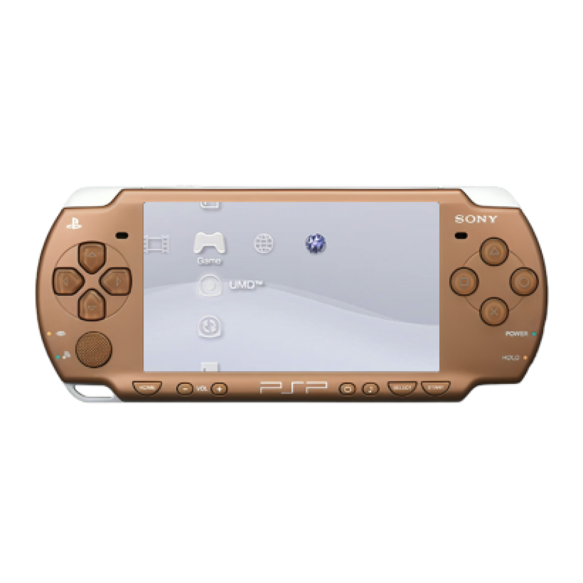 Bronze PlayStation Portable 2000 PSP 2000 handheld gaming console featuring metallic bronze finish portable Sony gaming UMD game support Memory Stick storage widescreen LCD display built-in controls rechargeable battery classic PSP hardware and collectible gaming appeal front of console