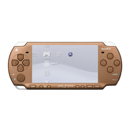 Bronze PlayStation Portable 2000 PSP 2000 handheld gaming console featuring metallic bronze finish portable Sony gaming UMD game support Memory Stick storage widescreen LCD display built-in controls rechargeable battery classic PSP hardware and collectible gaming appeal front of console