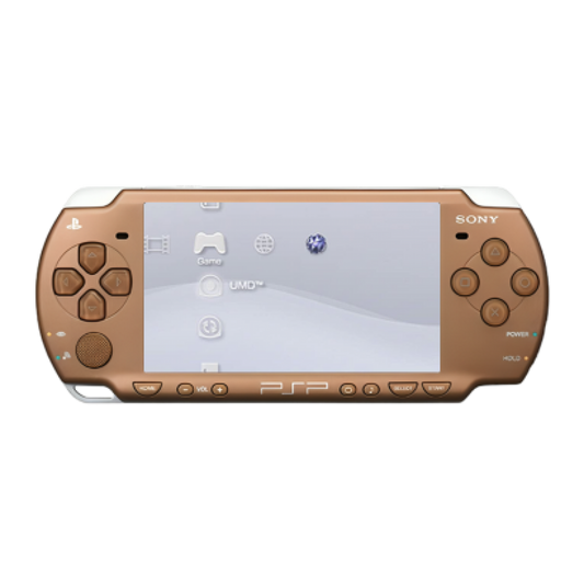 Bronze PlayStation Portable 2000 PSP 2000 handheld gaming console featuring metallic bronze finish portable Sony gaming UMD game support Memory Stick storage widescreen LCD display built-in controls rechargeable battery classic PSP hardware and collectible gaming appeal front of console