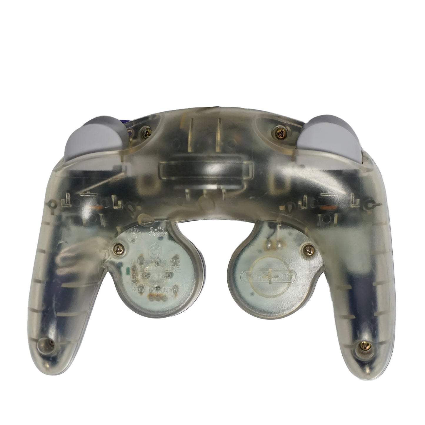 Indigo Clear Nintendo GameCube controller featuring translucent indigo shell wired connection analog control stick C stick dual shoulder triggers vibration feedback and classic ergonomic design for GameCube gameplay closeup back