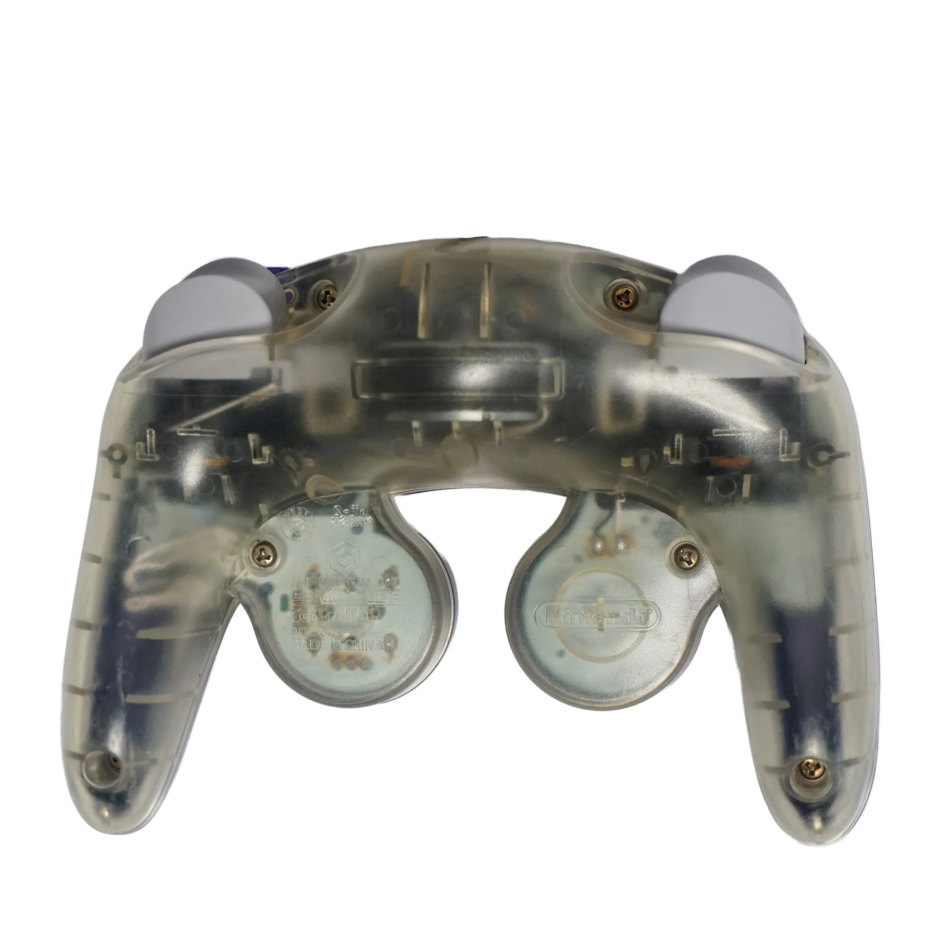 Indigo Clear Nintendo GameCube controller featuring translucent indigo shell wired connection analog control stick C stick dual shoulder triggers vibration feedback and classic ergonomic design for GameCube gameplay closeup back