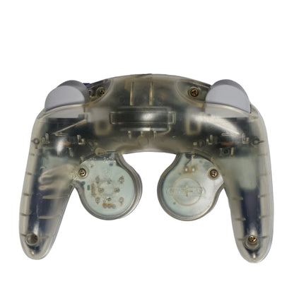 Indigo Clear Nintendo GameCube controller featuring translucent indigo shell wired connection analog control stick C stick dual shoulder triggers vibration feedback and classic ergonomic design for GameCube gameplay closeup back