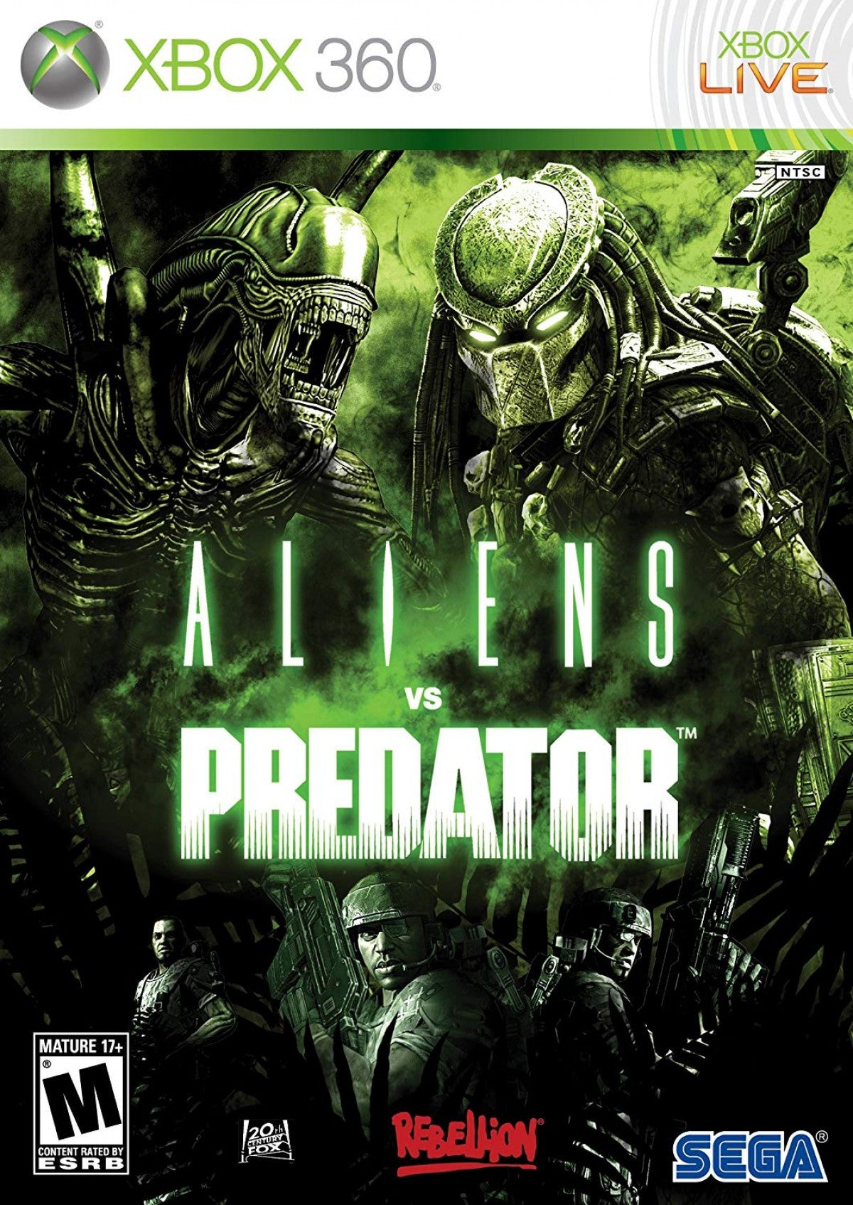 Retro Aliens vs Predator Xbox 360 inspired design featuring sci fi horror shooter aesthetic vintage HD era alien xenomorph marine predator jungle facility survival combat tense atmospheric action cinematic franchise crossover nostalgic FPS presentation cover art