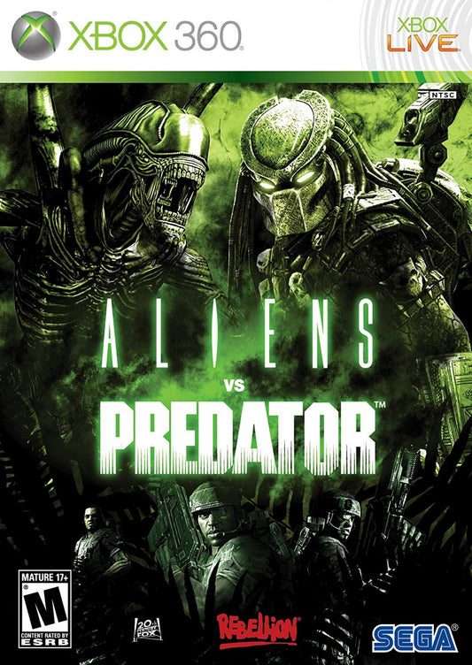 Retro Aliens vs Predator Xbox 360 inspired design featuring sci fi horror shooter aesthetic vintage HD era alien xenomorph marine predator jungle facility survival combat tense atmospheric action cinematic franchise crossover nostalgic FPS presentation cover art