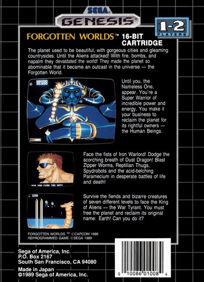 Forgotten Worlds Sega Genesis GEN for retro video game enthusiasts featuring side scrolling shoot em up gameplay futuristic aerial combat rotating weapon system intense enemy battles sci fi adventure classic arcade action and collectible gaming appeal back cover