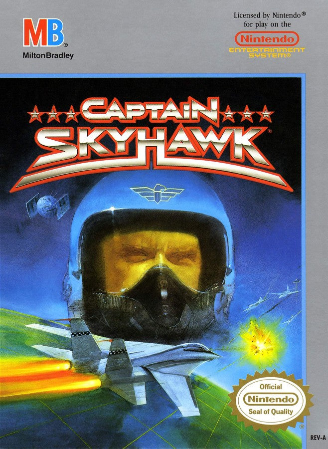 Captain Skyhawk Nintendo Entertainment System NES video game featuring aerial combat gameplay fighter jet missions enemy attacks strategic bombing objectives 3D scrolling flight action challenging missions and classic 8 bit gameplay retro video game collection collectible gaming appeal front cover art