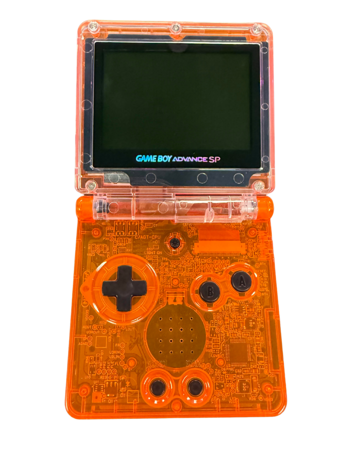 Custom Orange Game Boy Advance SP (GBA SP) handheld console featuring the classic folding clamshell design, rechargeable battery, front‑lit/bright screen (AGS‑001/AGS‑101 depending on mod), and a translucent/orange custom shell replacement — a popular aftermarket mod for collectors and gamers who want a unique look for their retro portable system open off