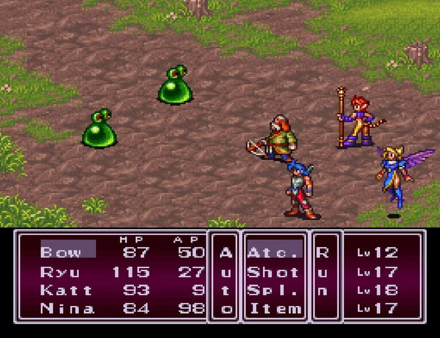 Breath of Fire Super Nintendo SNES JRPG role playing game fantasy adventure turn based combat Capcom classic dragon transformation story driven exploration party based RPG retro 16 bit gaming Super Nintendo Entertainment System software video game title cover art gameplay