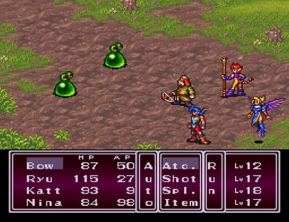 Breath of Fire Super Nintendo SNES JRPG role playing game fantasy adventure turn based combat Capcom classic dragon transformation story driven exploration party based RPG retro 16 bit gaming Super Nintendo Entertainment System software video game title cover art gameplay