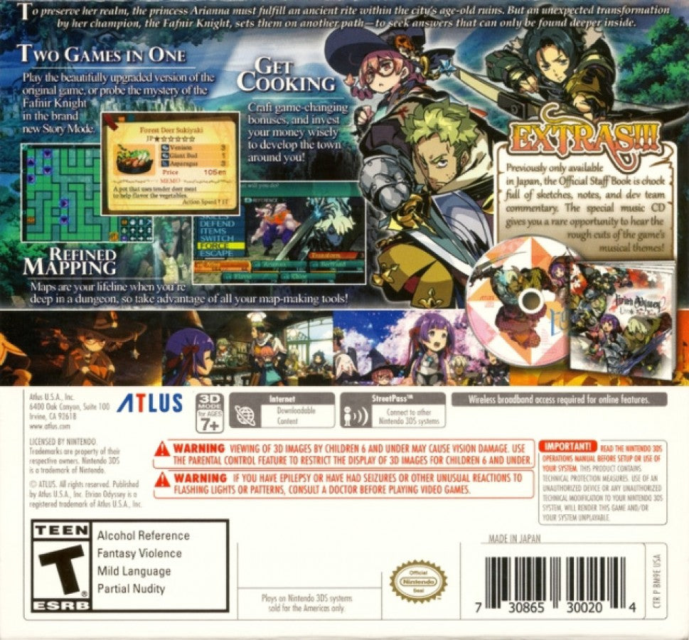 Etrian Odyssey 2 Untold The Fafnir Knight Nintendo 3DS video game featuring dungeon crawling role playing gameplay first person exploration party customization turn based combat map making character classes skill progression and classic Nintendo 3DS gameplay retro video game collection collectible gaming appeal back cover art