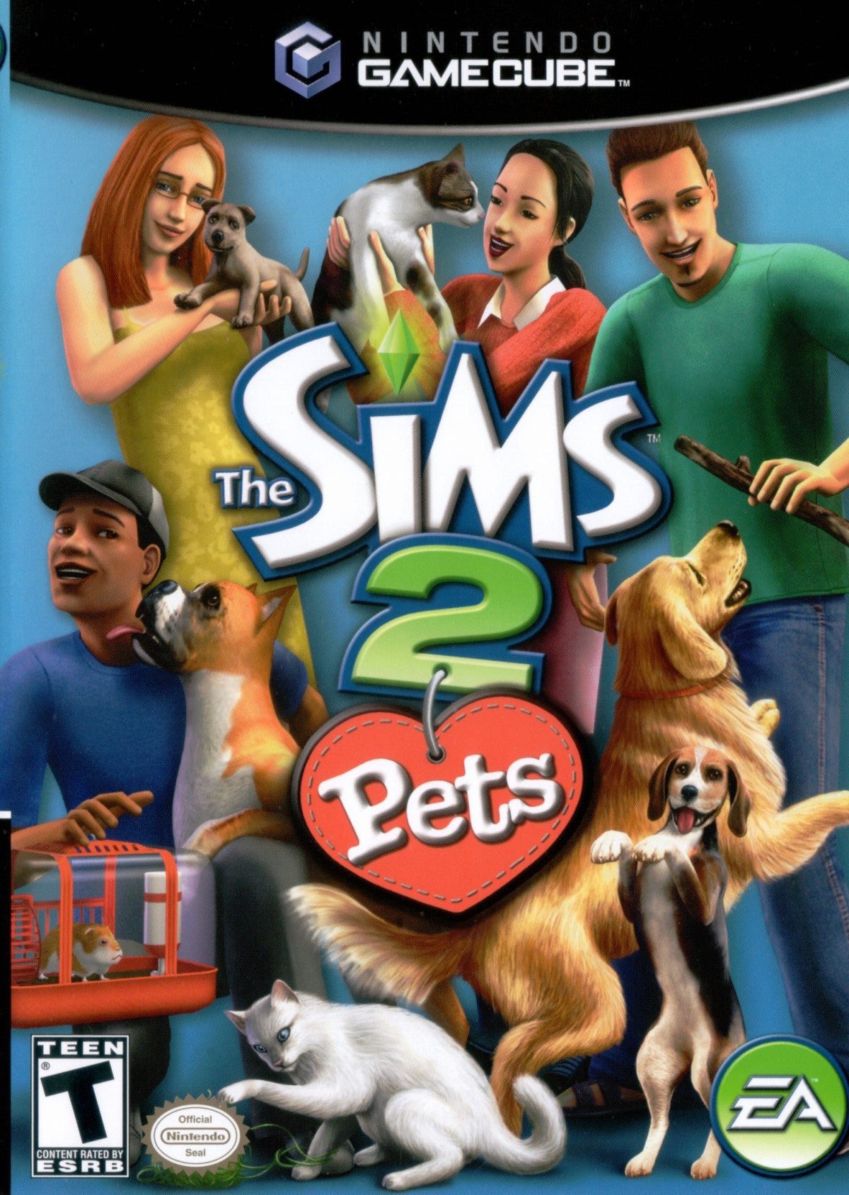 Cover art for The Sims 2 Pets GameCube GC video game, life simulation, virtual pet care, family-friendly gameplay, Nintendo GameCube classic