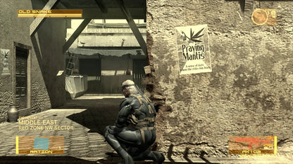 Metal Gear Solid 4 Guns of the Patriots Greatest Hits PlayStation 3 tactical espionage action stealth video game Solid Snake final mission Old Snake Drebin Points system Octocamo camouflage Metal Gear Mk II robot companion battlefield environment control Hideo Kojima conclusion epic storyline online multiplayer modes gameplay screenshot