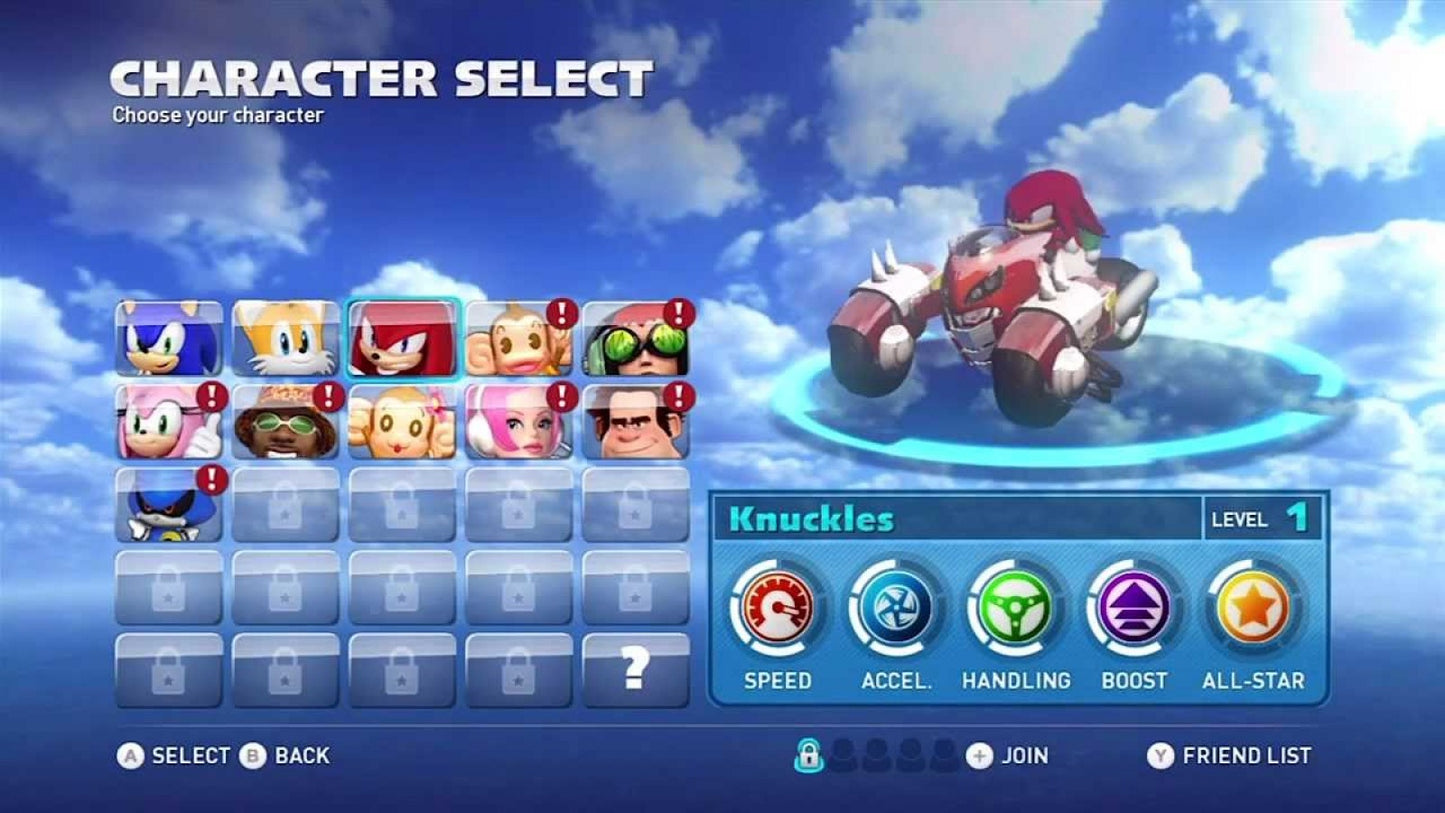 Sonic & All-Stars Racing Transformed menu screen for Nintendo Wii U (WiiU) video game