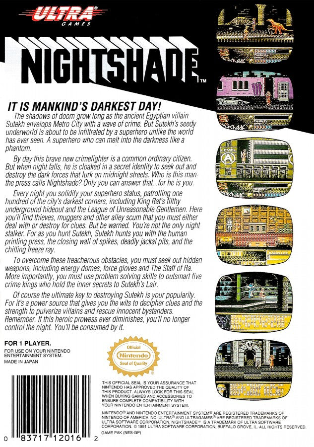 Nightshade Nintendo Entertainment System inspired design featuring classic action adventure gameplay aesthetic comic book inspired crime fighting hero mystery solving challenges side scrolling exploration retro 8 bit gaming atmosphere nostalgic NES presentation back cover