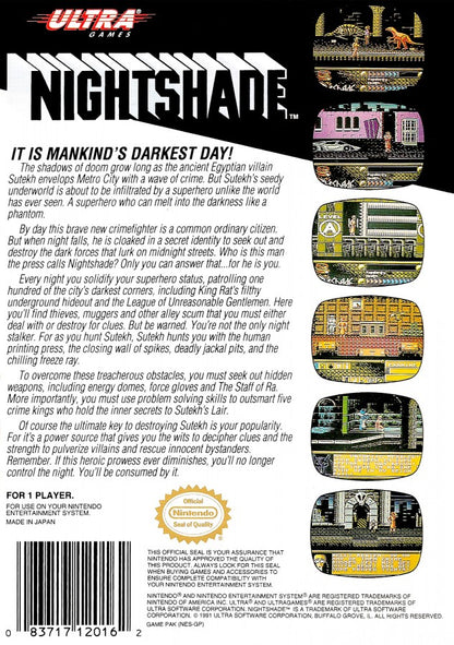 Nightshade Nintendo Entertainment System inspired design featuring classic action adventure gameplay aesthetic comic book inspired crime fighting hero mystery solving challenges side scrolling exploration retro 8 bit gaming atmosphere nostalgic NES presentation back cover