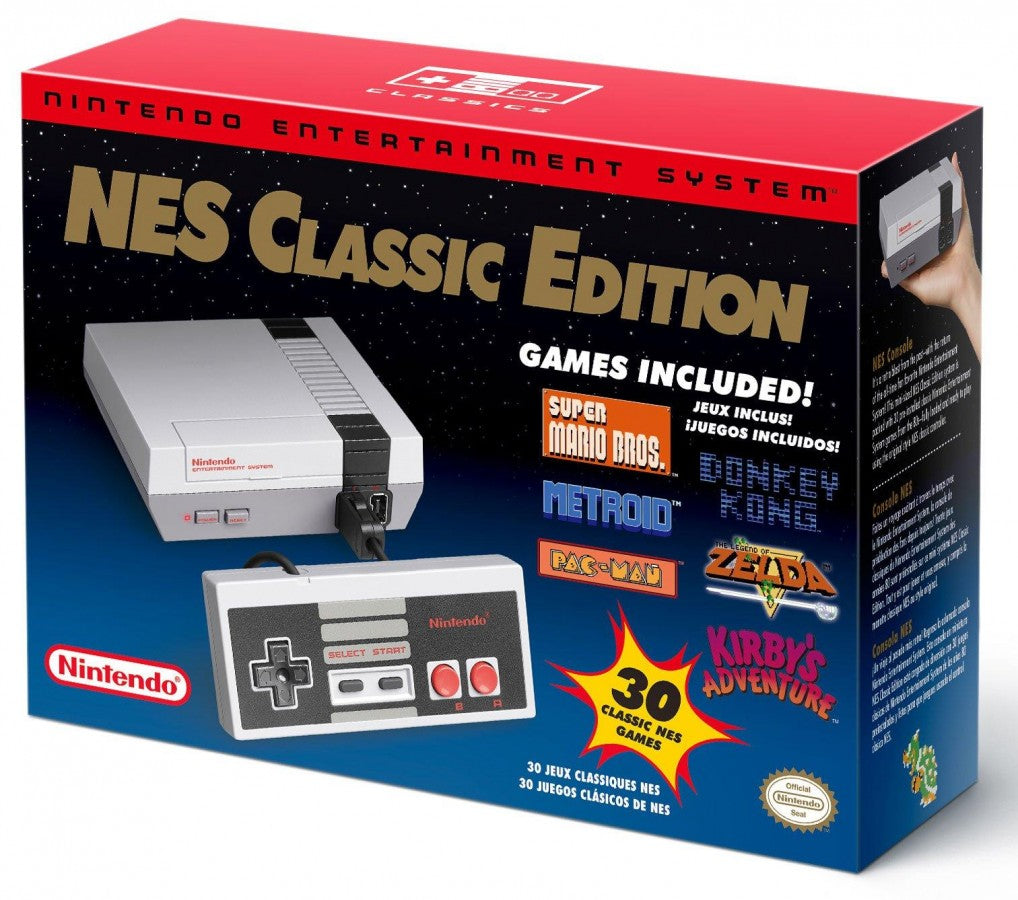 Nintendo Entertainment System Classic Edition NES Classic mini console, complete in box CIB, two controllers included, retro gaming system with preloaded classic games front of box