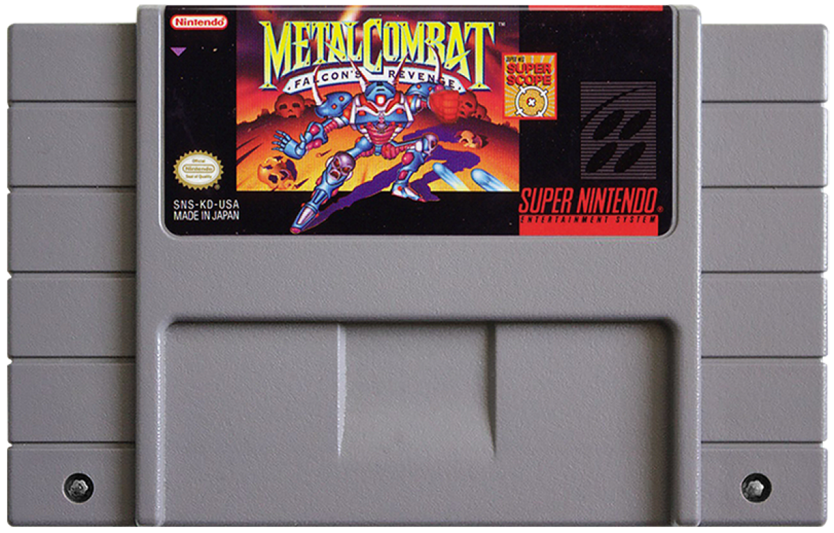 Metal Combat Super Nintendo SNES light gun shooter Super Scope 6 compatible mech robot combat first person shooting futuristic warfare Nintendo action game retro 16 bit gaming Super Nintendo Entertainment System software video game title cartridge
