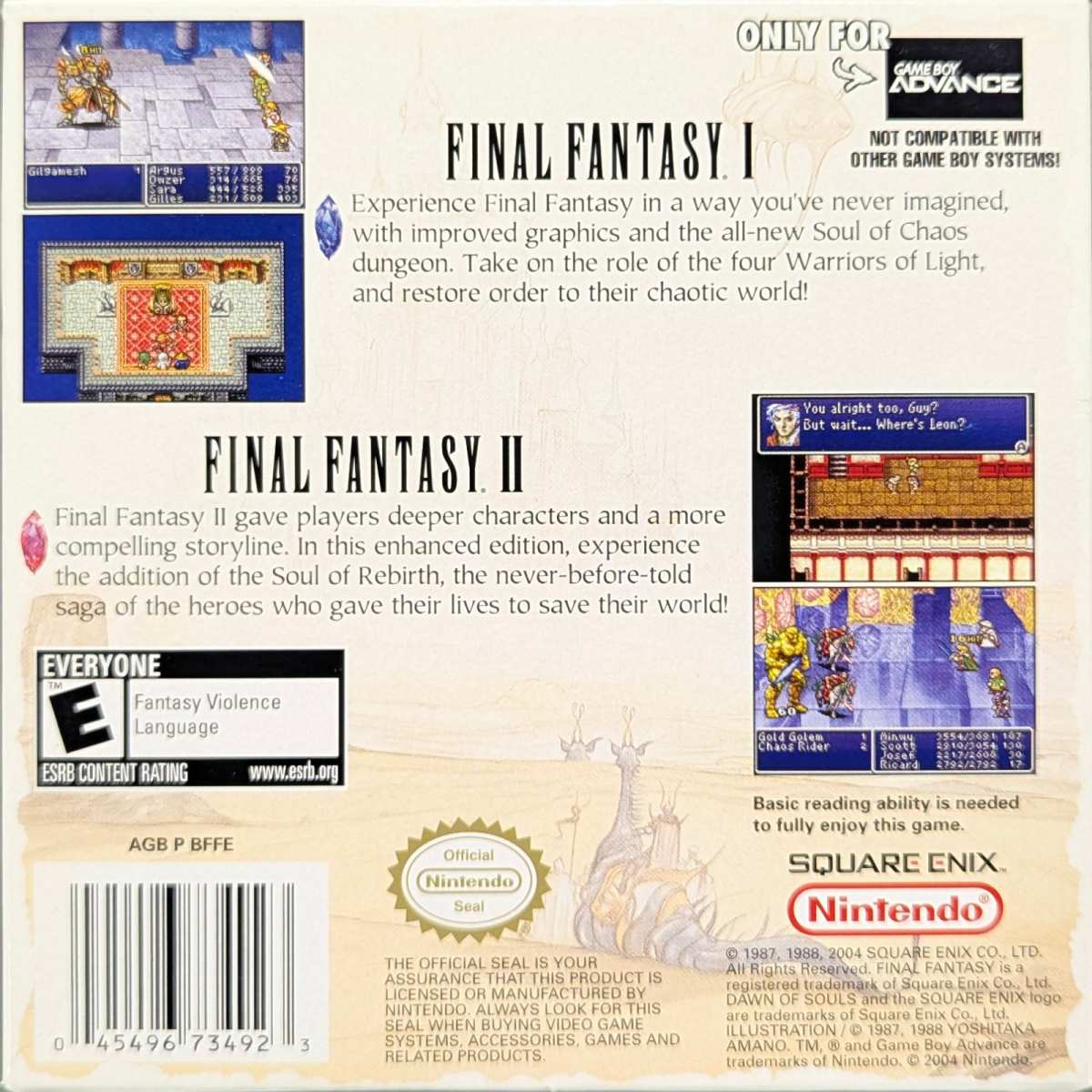 Final Fantasy I & II: Dawn of Souls [CIB] for Game Boy Advance (GBA) featuring enhanced portable versions of the first two classic RPGs with updated visuals, rebalanced gameplay, and extra bonus dungeons; assemble your party, explore iconic worlds, and relive the origins of Final Fantasy in a collector-friendly complete-in-box release back cover