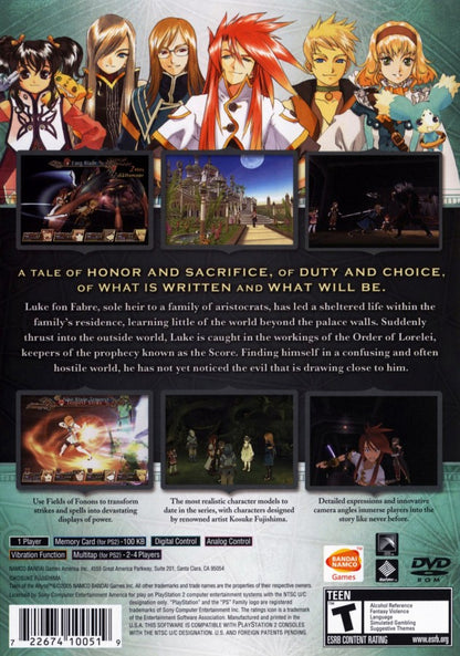 Tales of the Abyss game for the PlayStation 2 featuring action RPG gameplay with real time combat character driven storylines and a fantasy adventure following Luke fon Fabre through a world shaped by prophecy and war back cover art