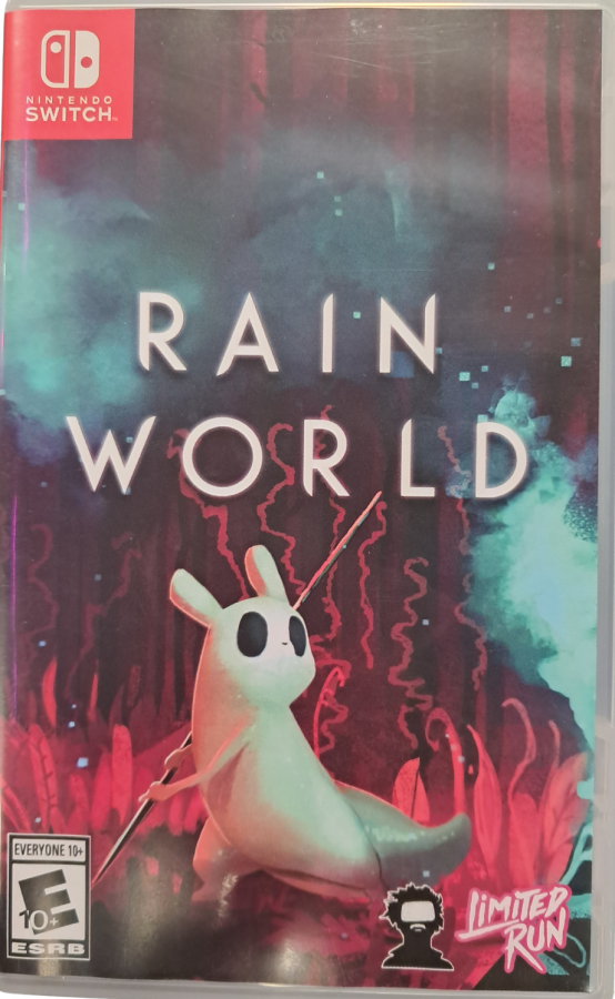 Rain World Nintendo Switch inspired design featuring atmospheric survival platform adventure aesthetic mysterious post apocalyptic ecosystem agile slugcat protagonist challenging exploration dynamic wildlife encounters pixel art environments immersive indie gameplay presentation front cover 
