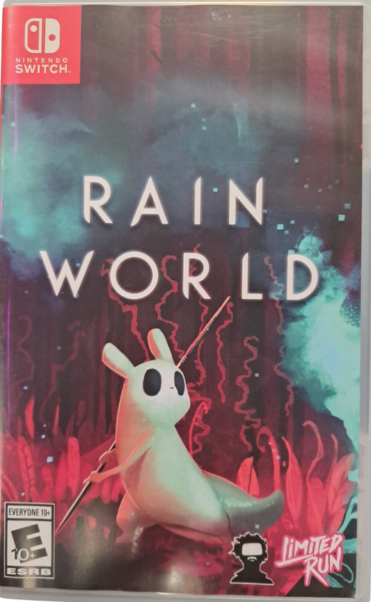 Rain World Nintendo Switch inspired design featuring atmospheric survival platform adventure aesthetic mysterious post apocalyptic ecosystem agile slugcat protagonist challenging exploration dynamic wildlife encounters pixel art environments immersive indie gameplay presentation front cover 