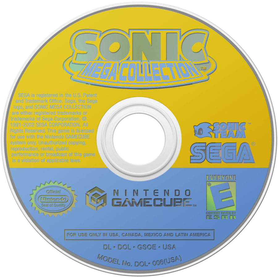 Sonic Mega Collection GameCube GC video game, classic Sonic the Hedgehog compilation, retro platformer collection, Nintendo GameCube title disc art