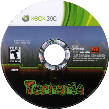 Terraria Xbox 360 X360 sandbox adventure game featuring 2D exploration crafting building mining resource gathering weapon crafting boss battles and procedurally generated worlds retro video game collection collectible gaming appeal disc