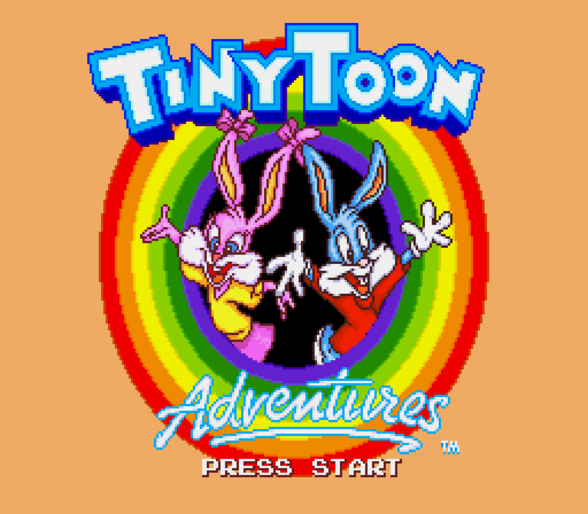 Tiny Toon Adventures Busters Hidden Treasure retro Sega Genesis video game featuring side scrolling platform gameplay, cartoon character action, obstacle challenges and classic Genesis entertainment - title screen