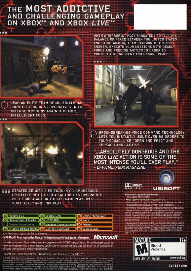 Tom Clancy's Rainbow Six 3 back cover art for Xbox (XBOX) video game
