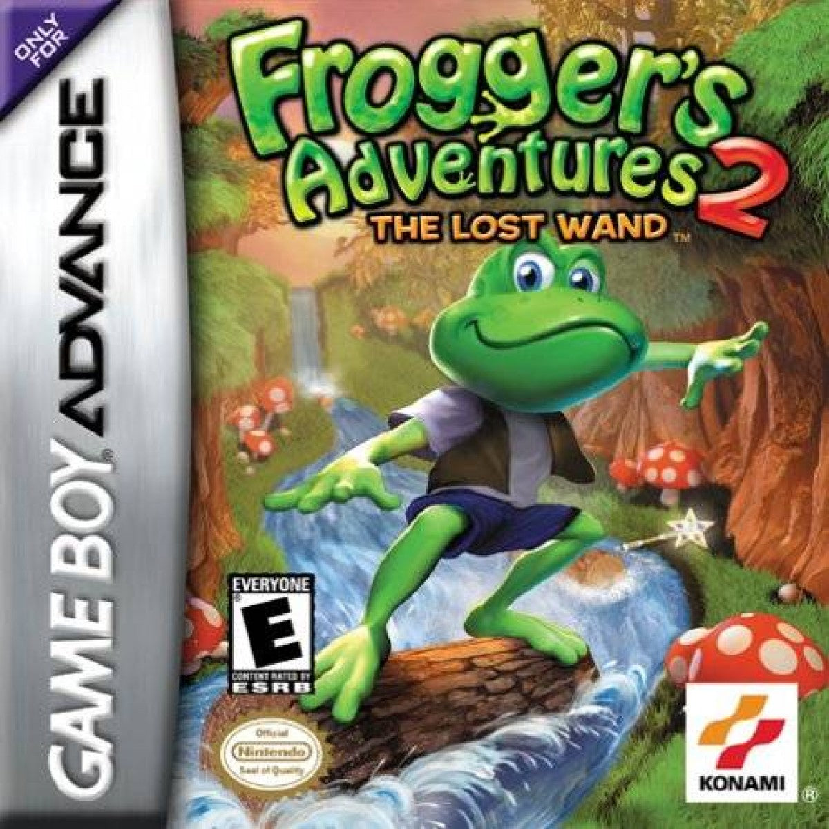 Frogger’s Adventures 2 The Lost Wand for Game Boy Advance, cover image for an action-adventure platformer video game with puzzle-solving gameplay, fantasy environments, character-based challenges, and classic arcade-style action