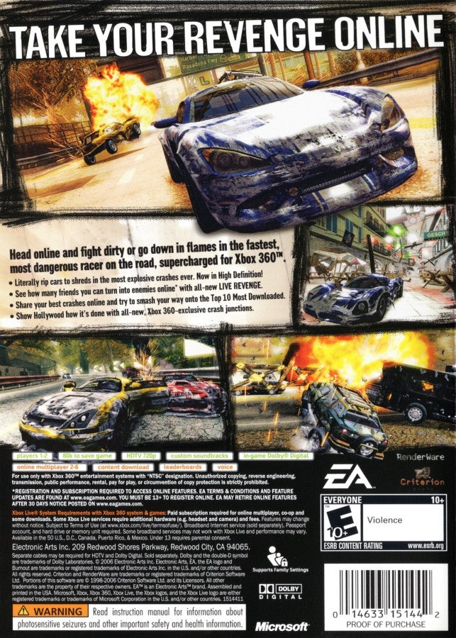 Burnout Revenge Platinum Hits Xbox 360 video game featuring high speed arcade racing gameplay crash mode destruction challenges aggressive driving traffic collisions takedown mechanics competitive races and classic Xbox 360 racing gameplay retro video game collection collectible gaming appeal back cover art 