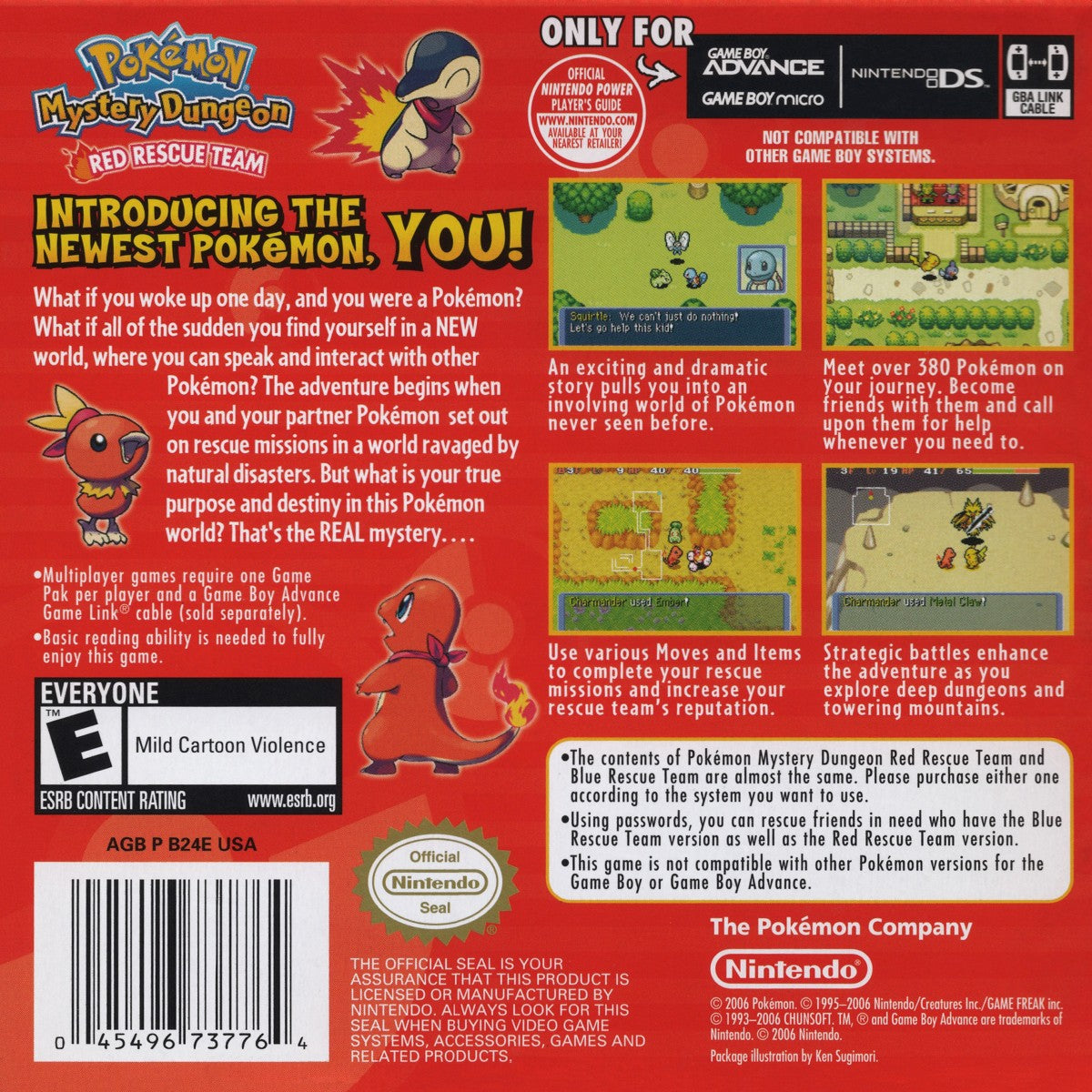 Pokemon Mystery Dungeon Red Rescue Team Game Boy Advance back of case for retro video game featuring dungeon crawling adventure gameplay, Pokémon rescue missions, turn based exploration, randomly generated dungeons, beloved Pokémon characters, and classic handheld RPG action on GBA