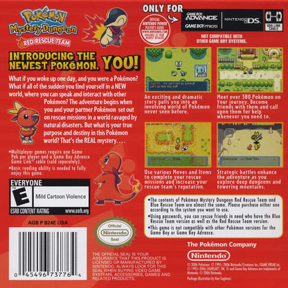 Pokemon Mystery Dungeon Red Rescue Team Game Boy Advance back of case for retro video game featuring dungeon crawling adventure gameplay, Pokémon rescue missions, turn based exploration, randomly generated dungeons, beloved Pokémon characters, and classic handheld RPG action on GBA