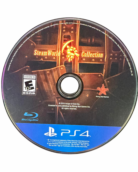SteamWorld Collection game for the PlayStation 4 featuring a compilation of SteamWorld Dig and SteamWorld Heist with action platforming and turn based strategy gameplay set in a stylized steampunk world with exploration and resource gathering disc