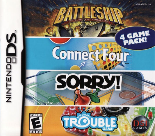Battleship / Connect Four / Sorry / Trouble for Nintendo DS (DS), cover image for a retro video game featuring classic board game adaptations, strategy gameplay, multiplayer modes, puzzle challenges, and family-friendly competitive fun