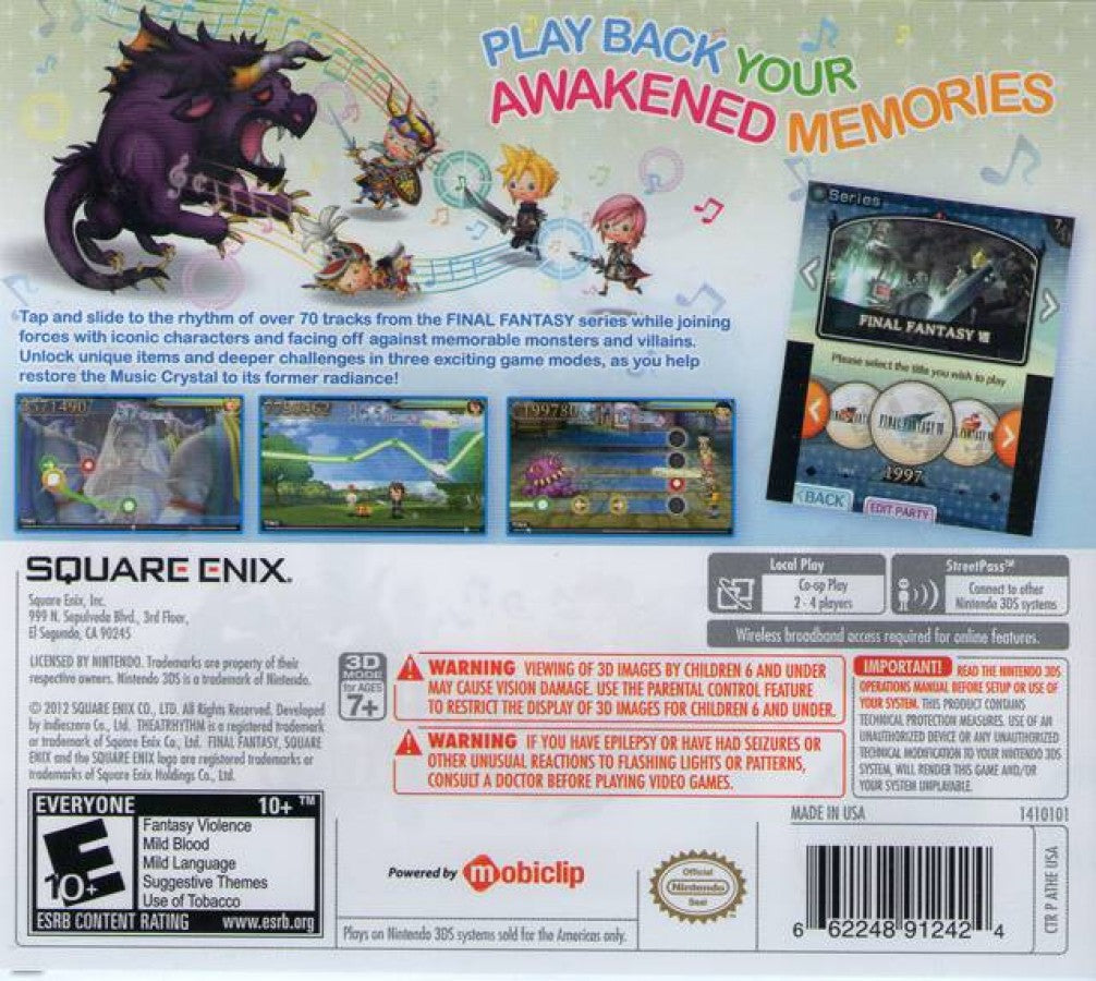 Theatrhythm Final Fantasy back of case for Nintendo 3DS (3DS) rhythm music video game