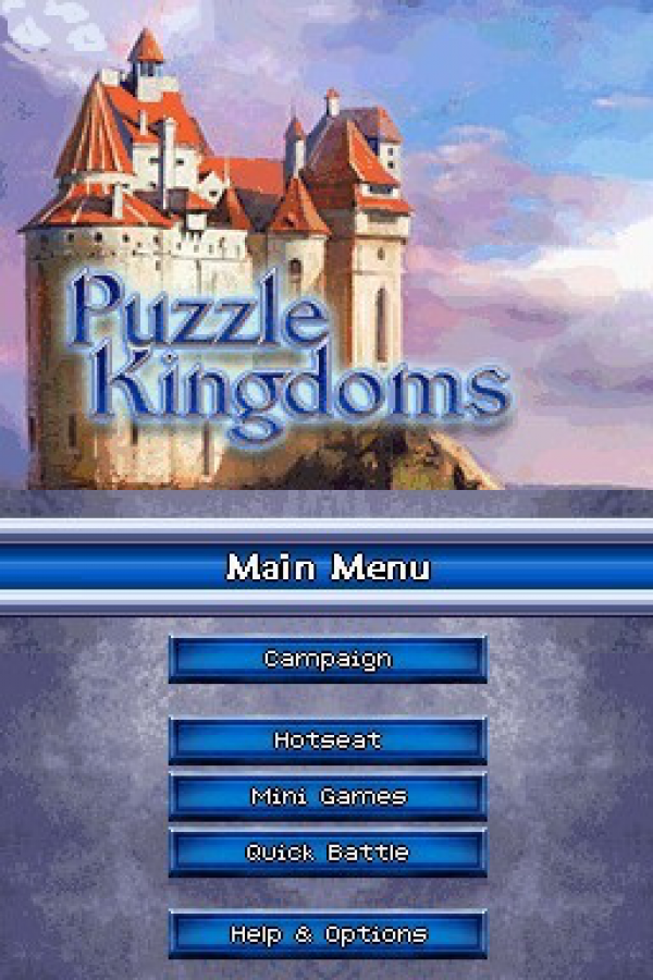 Puzzle Kingdoms Nintendo DS game featuring match three puzzle strategy gameplay with unit based battles resource management and kingdom building elements in a fantasy setting gameplay 